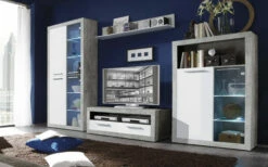 Anbauwand Stone, Weiß, Betonfarbig, Inkl. LED-Beleuchtung